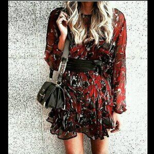 IRO Mini Dress Ressey Black/Red Ruffled Long Sleeve Size EU16W US8